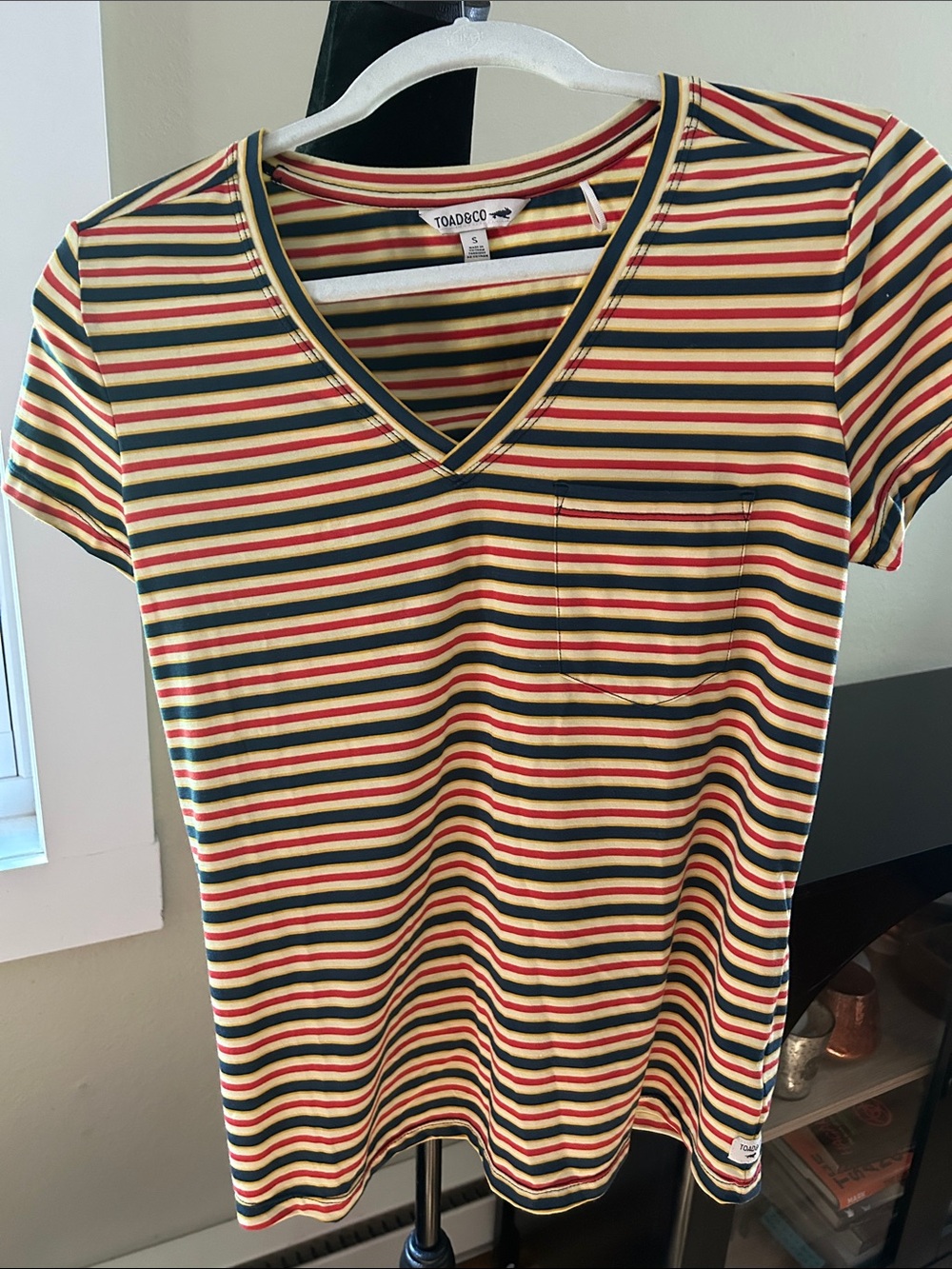 Toad&Co V-Neck Short Sleeve Tee in Yellow, Red & Green Stripes